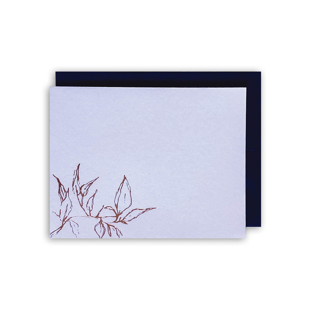 Foil stamped notecard blue navy leaves