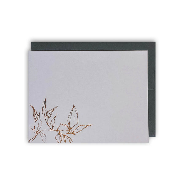 Foil stamped notecard grey leaves